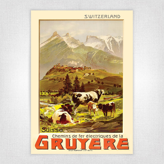 Gruyere poster with Gruyere cows Switzerland - Anton Reckziegel