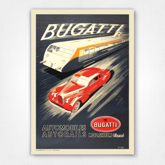 Bugatti Automobiles Autorails Poster Molsheim - Black - 1935 - R Géri