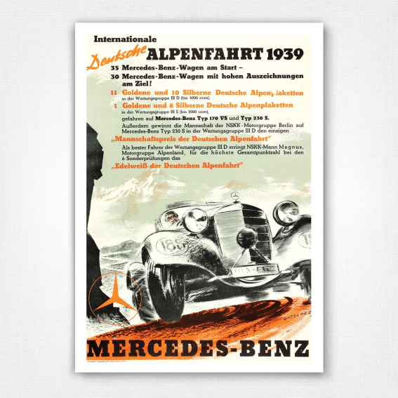 Internationale Deutsche Alpenfahrt 1939 poster - Rare Mercedes-Benz victory poster - Walter Gotschke