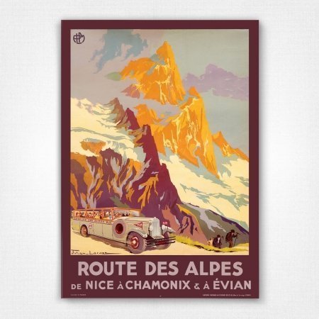 PLM Route des Alpes poster - Route des Alpes de Nice à Chamonix & à Evian - Julien Lacaze c1920