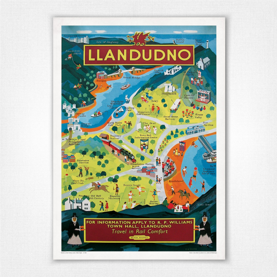 Llandudno map railway poster - Llandudno travel poster - E.W. Fenton