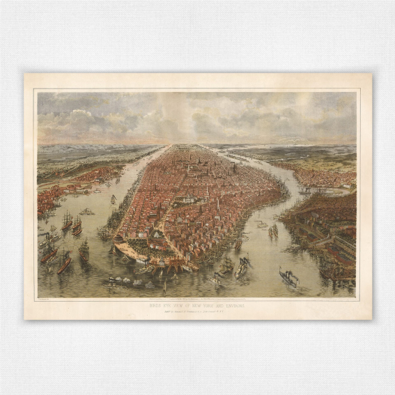 1865 Birds eye view of New York and environs - John Bachmann