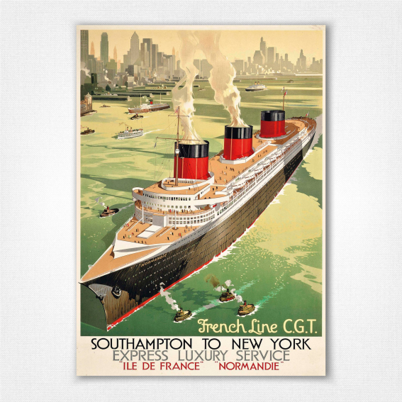 French Line CGT poster - Southampton to New York - Walter Thomas