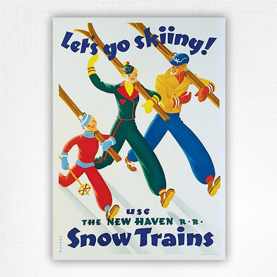 Let's Go Skiing railway poster Use the New Haven Railroad Snow Trains - Maurer - 1936