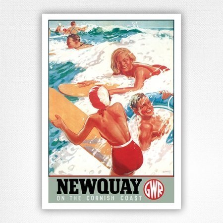 Newquay GWR poster - surfers riding waves on Fistral Beach, Cornish coast