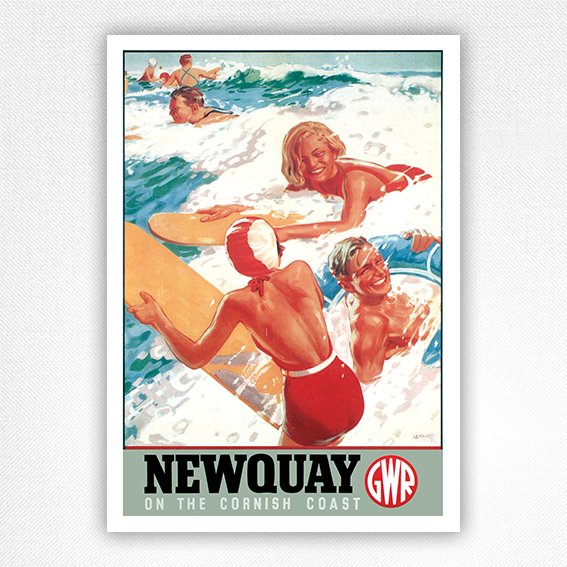 Newquay GWR poster - surfers riding waves on Fistral Beach, Cornish coast