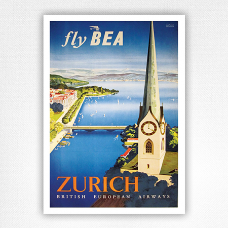 Fly BEA Zurich poster - vintage Zurich travel poster - Daphne Padden - 1957
