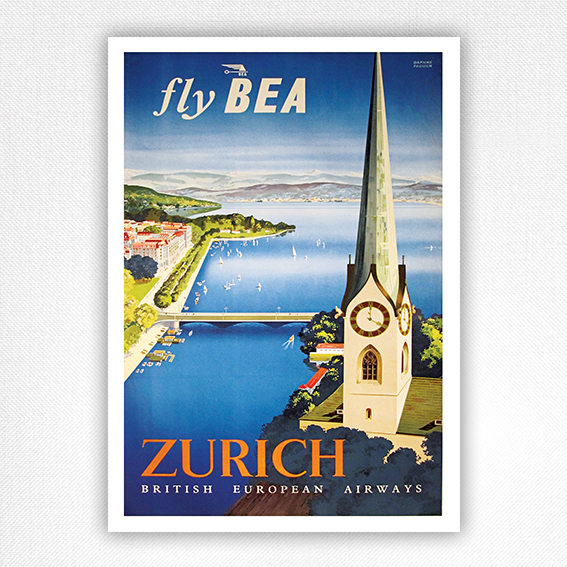 Fly BEA Zurich poster - vintage Zurich travel poster - Daphne Padden - 1957