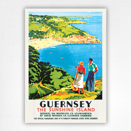 Guernsey travel poster - Guernsey The Sunshine Island railway poster - Vaughan - 1935