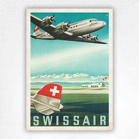 Swissair poster DC-4 HB-ILU - Bernhard Reber - 1948 Vintage Airline Poster