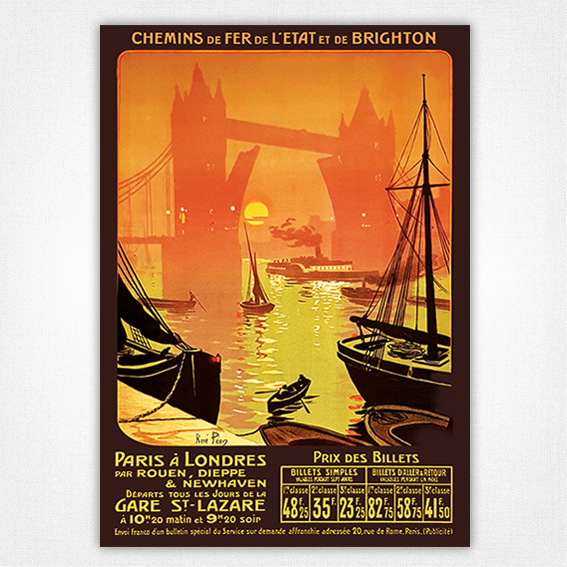 1911 Paris à Londres poster par Rouen, Dieppe & Newhaven - Chemins de Fer de l'Etat et de Brighton - Rene Péan